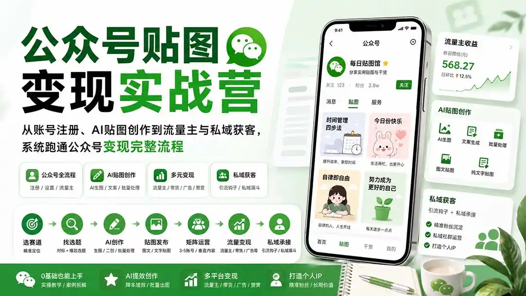 公众号贴图变现实战营：从账号注册、AI贴图创作到流量主与私域获客，系统跑通公众号变现完整流程-百盟网