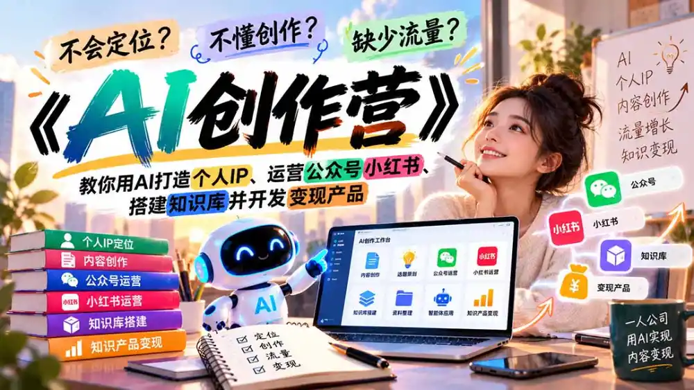 不会定位、不懂创作、缺少流量？《AI创作营》教你用AI打造个人IP、运营公众号小红书、搭建知识库并开发变现产品-百盟网