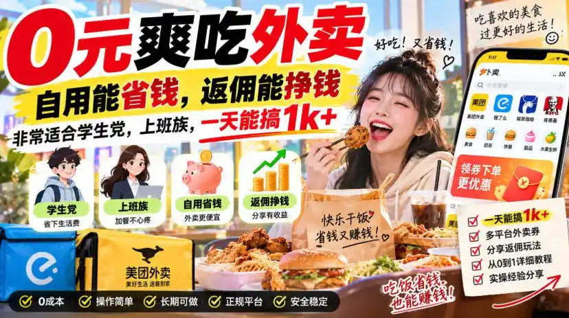 0元爽吃外卖，自用能省钱，返佣能挣钱，非常适合学生党，上班族，一天能搞1k+-百盟网