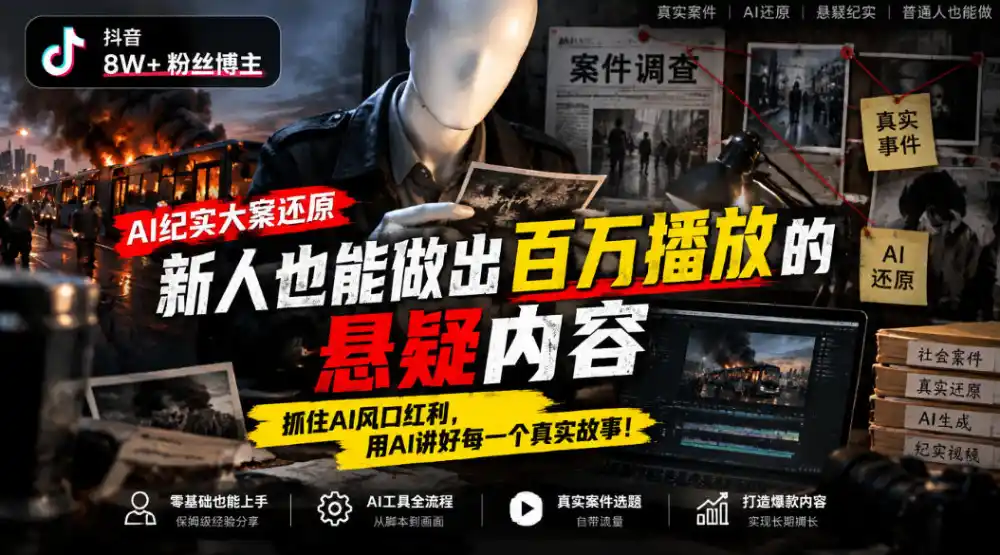 抖音8W粉丝博主的AI纪实大案还原教学,新人也能做出百W播放的悬疑内容,抓住AI风口红利,用AI讲好每一个真实故事 抖音8W粉丝博主的AI纪实大案还原教学,新人也能做出百W播放的悬疑内容,抓住AI风口红利,用AI讲好每一个真实故事