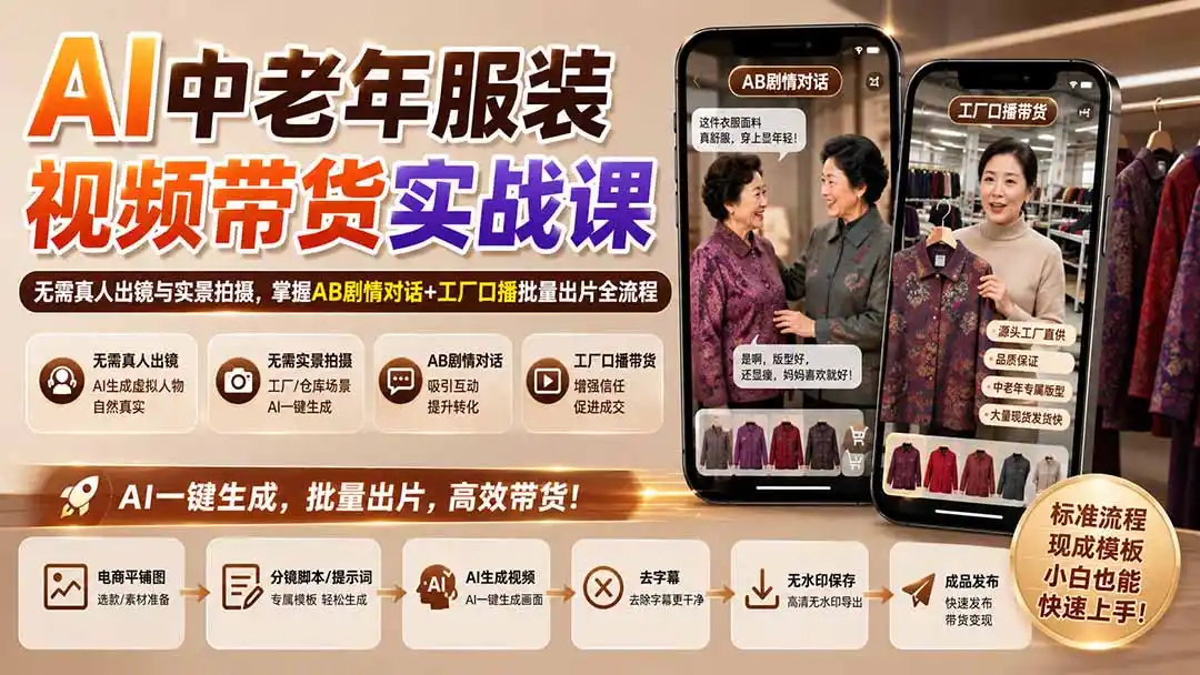 AI中老年服装视频带货实战课：无需真人出镜与实景拍摄，掌握AB剧情对话+工厂口播批量出片全流程-百盟网