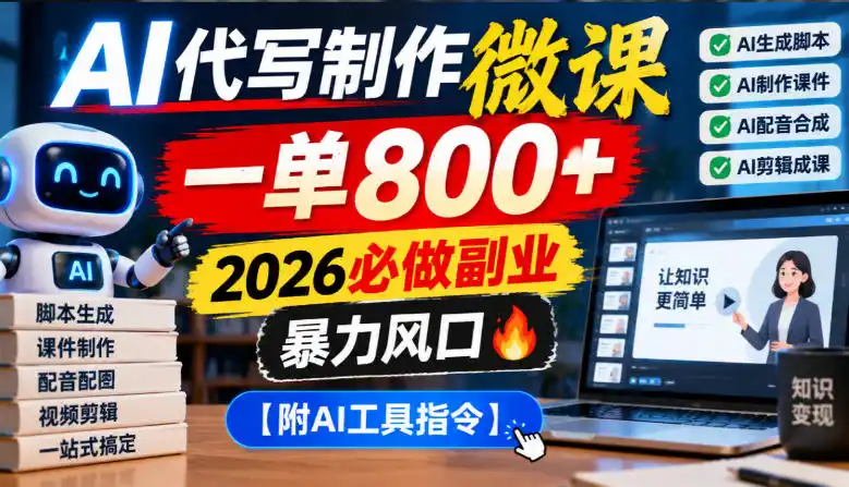 AI代写制作微课,一单800+,2026必做副业,暴力风口【附AI工具指令】【揭秘】 AI代写制作微课,一单800+,2026必做副业,暴力风口【附AI工具指令】【揭秘】