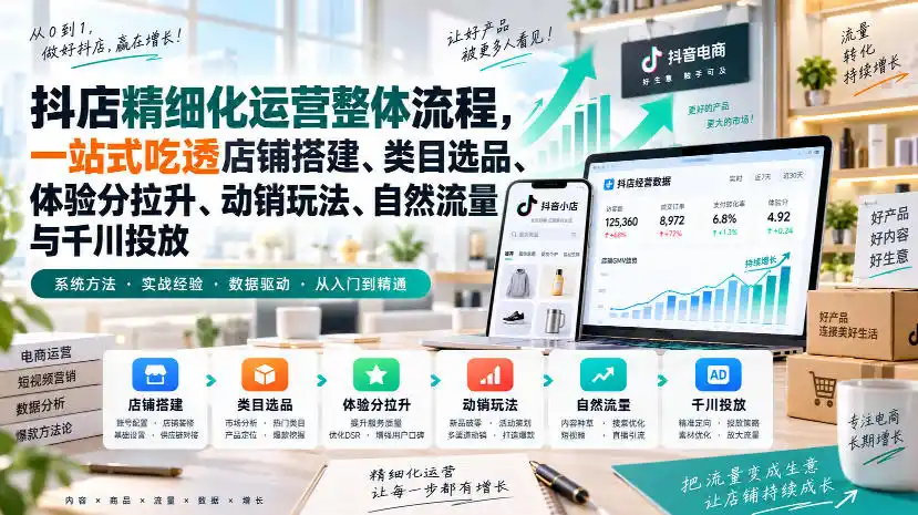 李哥电商-抖店精细化运营整体流程，一站式吃透店铺搭建、类目选品、体验分拉升、动销玩法、自然流量与千川投放-百盟网