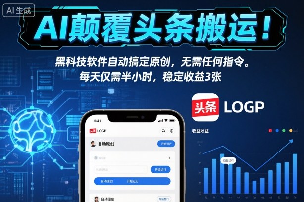 AI颠覆头条搬运！黑科技软件自动搞定原创，无需任何指令。每天仅需半小时，稳定收益3张【揭秘】-百创网