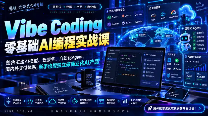 Vibe Coding零基础AI编程实战课-无水印,整合主流AI模型、云服务、自动化Agent、海内外支付体系,新手也能独立做商业化AI产品 Vibe Coding零基础AI编程实战课-无水印,整合主流AI模型、云服务、自动化Agent、海内外支付体系,新手也能独立做商业化AI产品