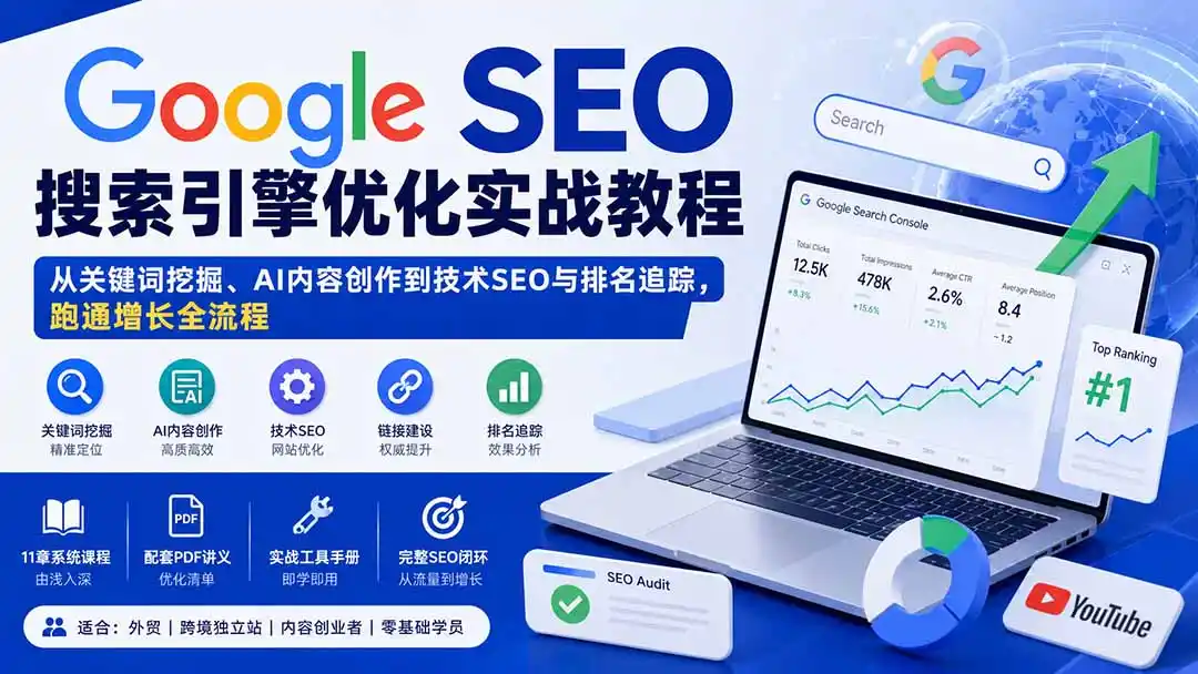 Google SEO搜索引擎优化实战教程：从关键词挖掘、AI内容创作到技术SEO与排名追踪，跑通增长全流程-百盟网