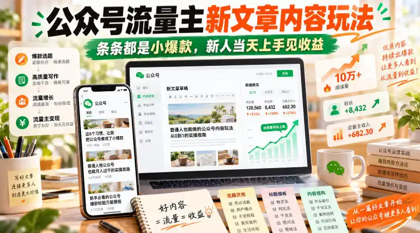 公众号流量主新文章内容玩法，条条都是小爆款，新人当天上手见收益-百盟网