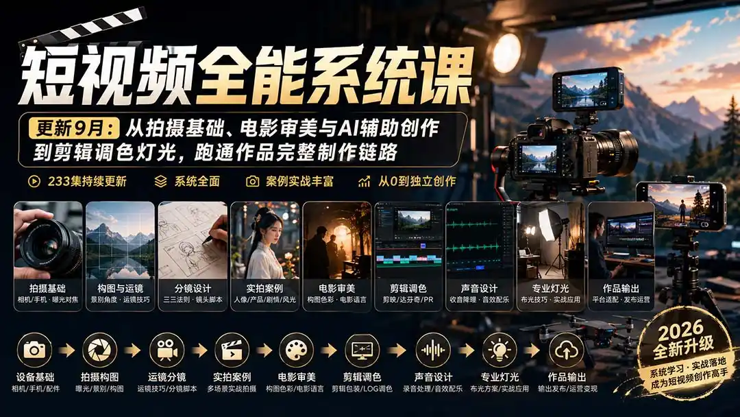 短视频全能系统课-9月完整版:从拍摄基础、电影审美与AI辅助创作到剪辑调色灯光,跑通作品完整制作链路-百盟网