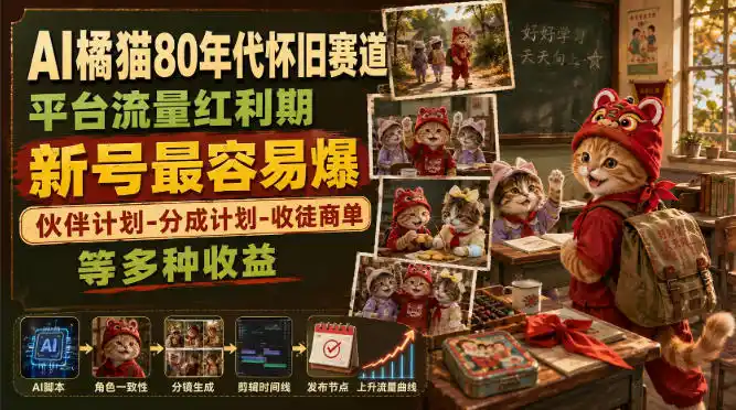 AI橘猫80年代怀旧赛道，平台流量红利期，新号最容易爆，伙伴计划-分成计划-收徒商单等多种收益-百盟网
