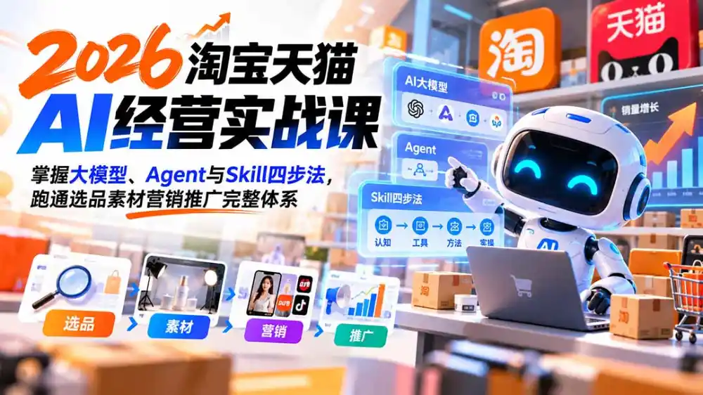 【无水印】2026淘宝天猫AI经营实战课:掌握大模型、Agent与Skill四步法,跑通选品素材营销推广完整体系 【无水印】2026淘宝天猫AI经营实战课:掌握大模型、Agent与Skill四步法,跑通选品素材营销推广完整体系