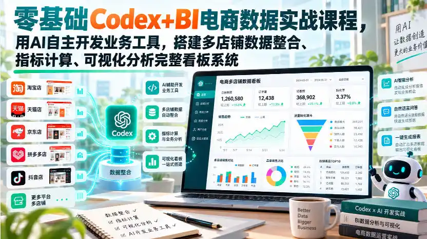 零基础Codex+BI电商数据实战课程,用AI自主开发业务工具,搭建多店铺数据整合、指标计算、可视化分析完整看板系统 零基础Codex+BI电商数据实战课程,用AI自主开发业务工具,搭建多店铺数据整合、指标计算、可视化分析完整看板系统