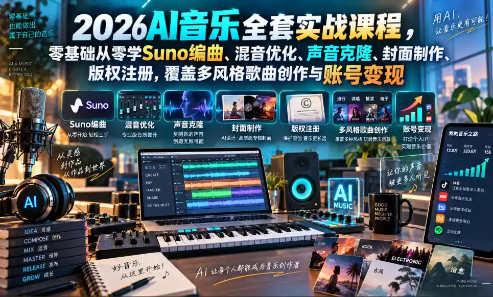 2026AI音乐实战课程，零基础从零学Suno编曲、混音优化、声音克隆、版权注册，覆盖多风格歌曲创作与账号变现-百盟网
