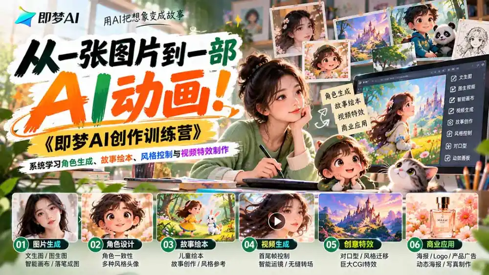 【无水印】从一张图片到一部AI动画！《即梦AI创作训练营》系统学习角色生成、故事绘本、风格控制与视频特效制作-百盟网