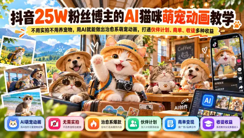 抖音25W粉丝博主的AI猫咪萌宠动画教学,不用实拍不用养宠物,用AI就能做出治愈系萌宠动画,打通伙伴计划、商单、收徒多种收益 抖音25W粉丝博主的AI猫咪萌宠动画教学,不用实拍不用养宠物,用AI就能做出治愈系萌宠动画,打通伙伴计划、商单、收徒多种收益