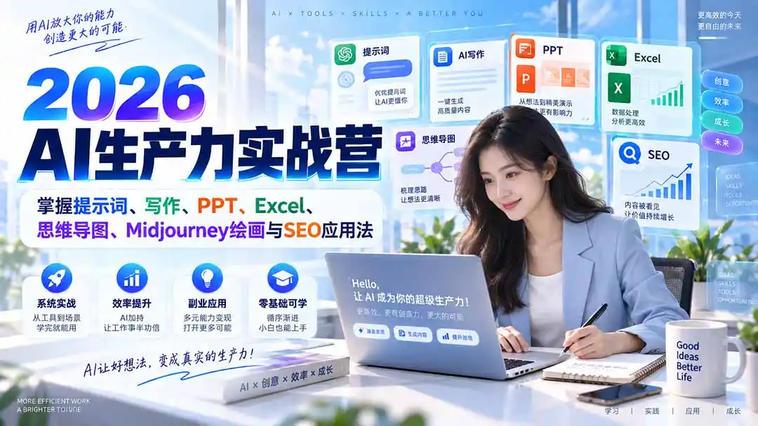 2026AI生产力实战营：掌握提示词、写作、PPT、Excel、思维导图、Midjourney绘画与SEO应用法-百盟网