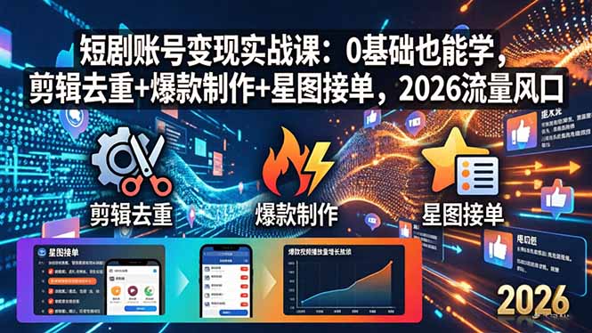 短剧账号变现实战课：0基础也能学，剪辑去重+爆款制作+星图接单，2026流量风口-百盟网