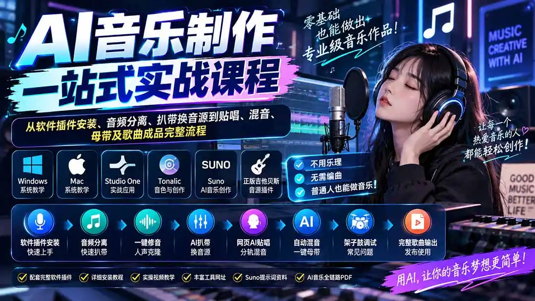 AI音乐制作一站式实战课程：从软件插件安装、音频分离、扒带换音源到贴唱、混音、母带及歌曲成品完整流程-百盟网