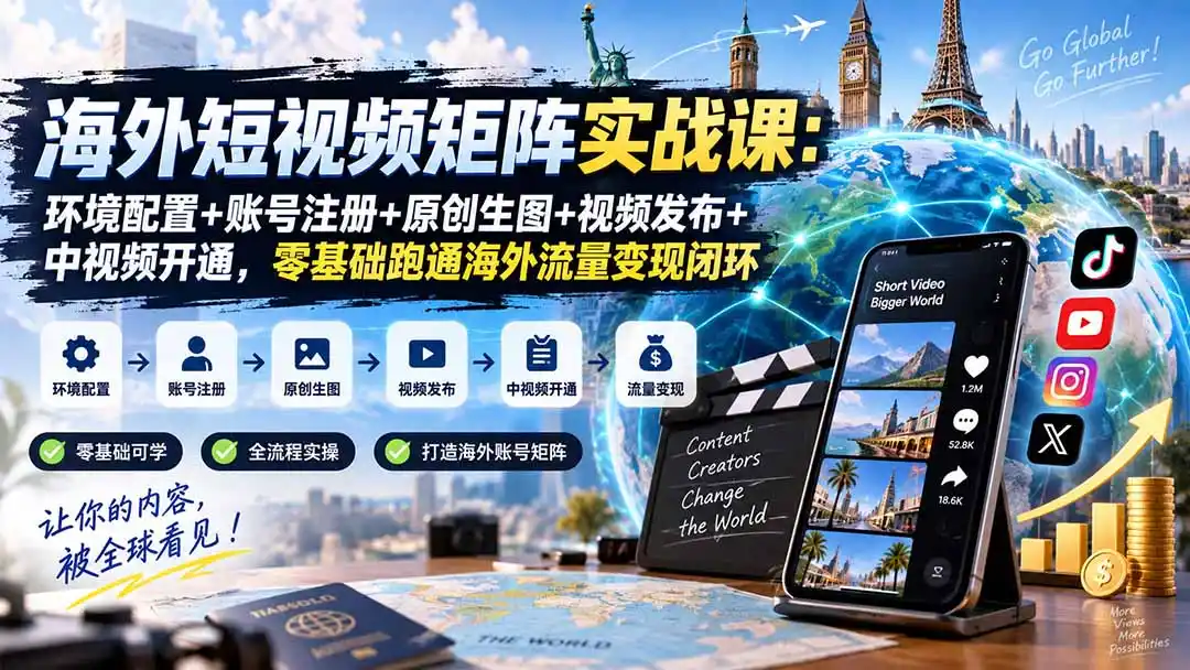海外短视频矩阵实战课:环境配置+账号注册+原创生图+视频发布+中视频开通,零基础跑通海外流量变现闭环 海外短视频矩阵实战课:环境配置+账号注册+原创生图+视频发布+中视频开通,零基础跑通海外流量变现闭环