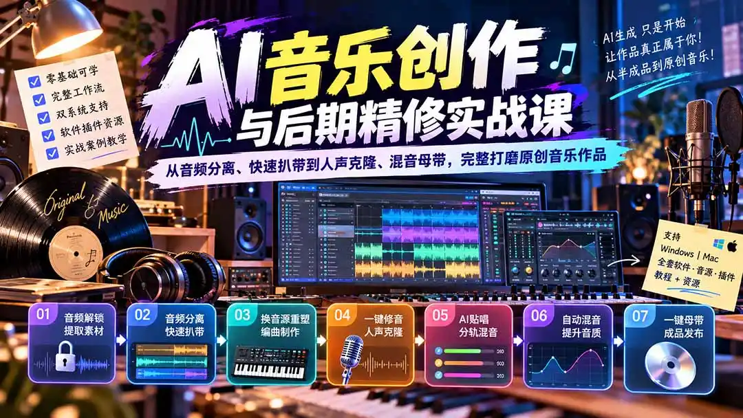 AI音乐创作与后期精修实战课：从音频分离、快速扒带到人声克隆、混音母带，完整打磨原创音乐作品-百盟网
