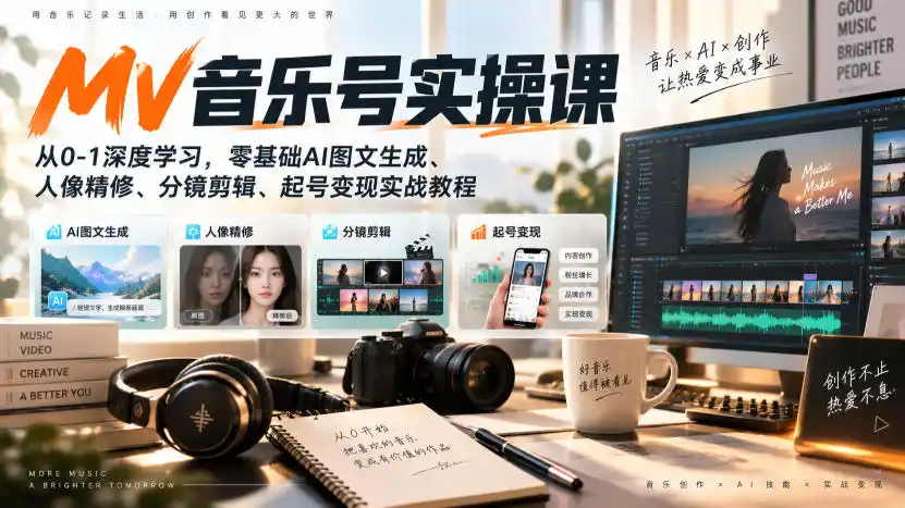 AI MV音乐号实操课,从0-1深度学习,零基础AI图文生成、人像精修、分镜剪辑、起号变现实战教程-百盟网