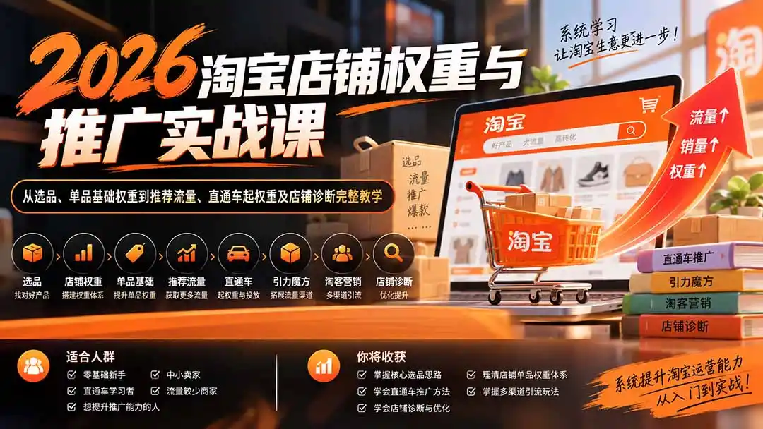 2026淘宝店铺权重与推广实战课:从选品、单品基础权重到推荐流量、直通车起权重及店铺诊断完整教学 2026淘宝店铺权重与推广实战课:从选品、单品基础权重到推荐流量、直通车起权重及店铺诊断完整教学