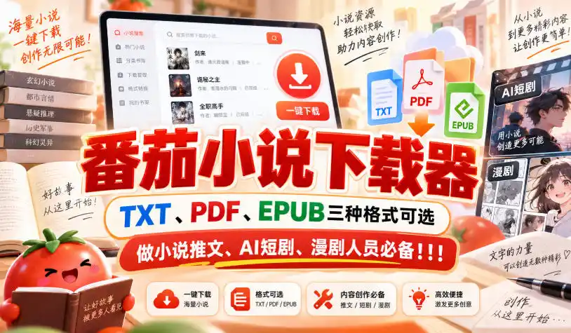 番茄小说下载器，TXT、PDF、EPUB三种格式可选，做小说推文、AI短剧、漫剧人员必备！！！-百盟网