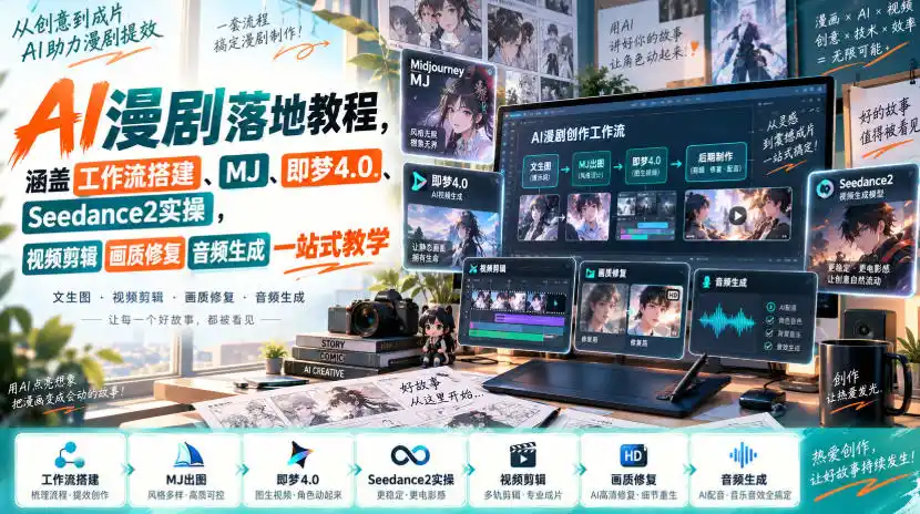 AI漫剧落地教程，涵盖工作流搭建、MJ、即梦4.0、Seedance2实操，视频剪辑画质修复音频生成一站式教学-百盟网
