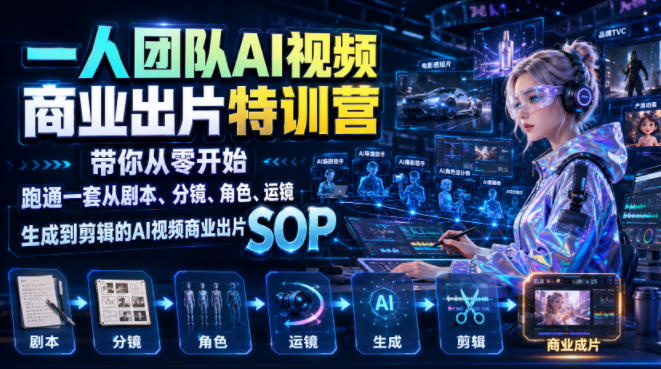 一人团队AI视频商业出片实战课：带你从零开始跑通一套从剧本、分镜、角色、运镜、生成到剪辑的AI视频商业出片SOP-百盟网