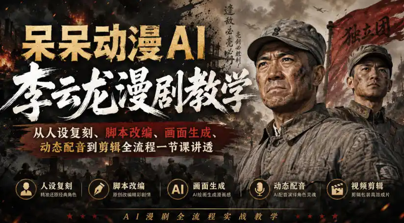呆呆动漫AI李云龙漫剧教学，从人设复刻、脚本改编、画面生成、动态配音到剪辑全流程一节课讲透-百盟网