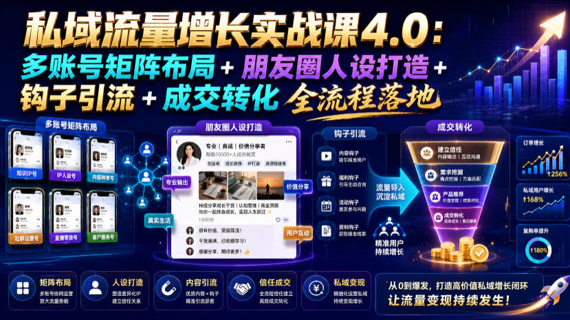 私域流量增长实战课4.0：多账号矩阵布局+朋友圈人设打造+钩子引流+成交转化全流程落地-百盟网