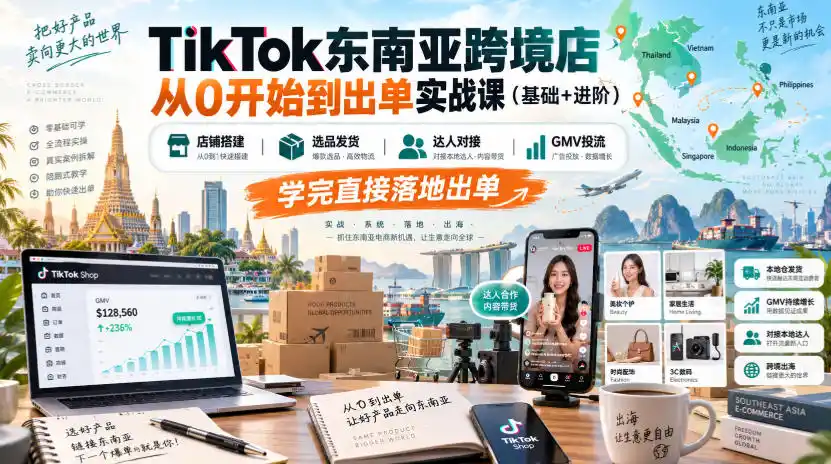 TikTok东南亚跨境店从0开始到出单实战课(基础+进阶)，店铺搭建、选品发货、达人对接、GMV投流，学完直接落地出单-百盟网