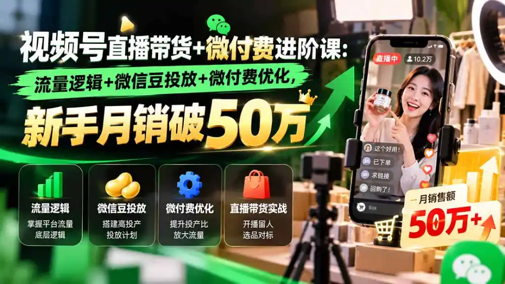 视频号直播带货+微付费进阶课-更新1010:流量逻辑+微信豆投放+微付费优化,新手月销破50万 视频号直播带货+微付费进阶课-更新1010:流量逻辑+微信豆投放+微付费优化,新手月销破50万