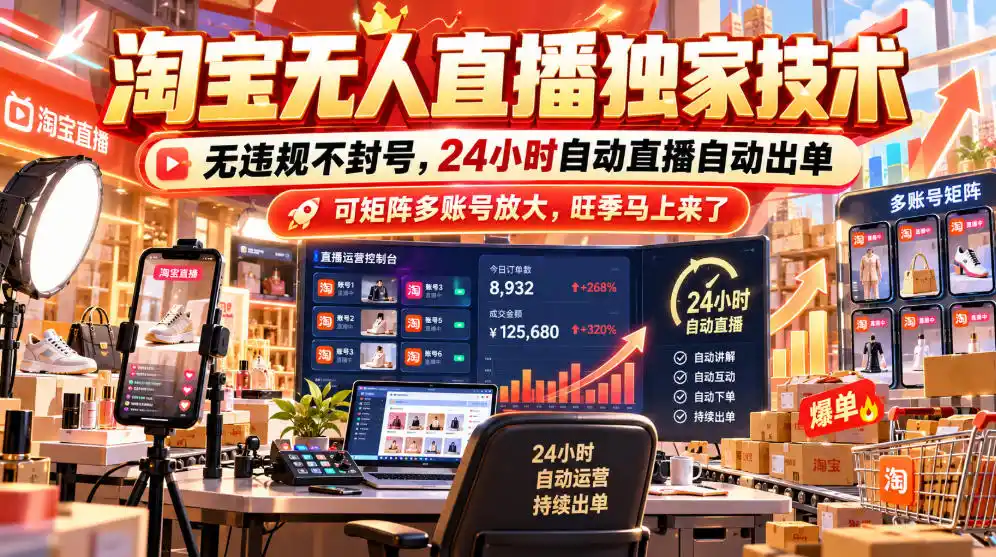 淘宝无人直播独家技术，无违规不封号，24小时自动直播自动出单，可矩阵多账号放大，旺季马上来了【揭秘】-百盟网