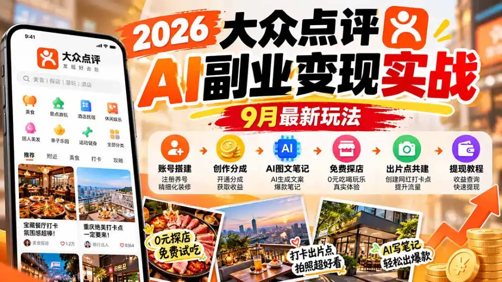 2026大众点评AI副业变现实战9月最新玩法:账号搭建+创作分成+AI图文笔记+免费探店+出片点共建与提现教程 2026大众点评AI副业变现实战9月最新玩法:账号搭建+创作分成+AI图文笔记+免费探店+出片点共建与提现教程