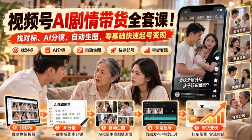视频号AI剧情带货全套课!找对标、AI分镜、自动生图,零基础快速起号变现 视频号AI剧情带货全套课!找对标、AI分镜、自动生图,零基础快速起号变现