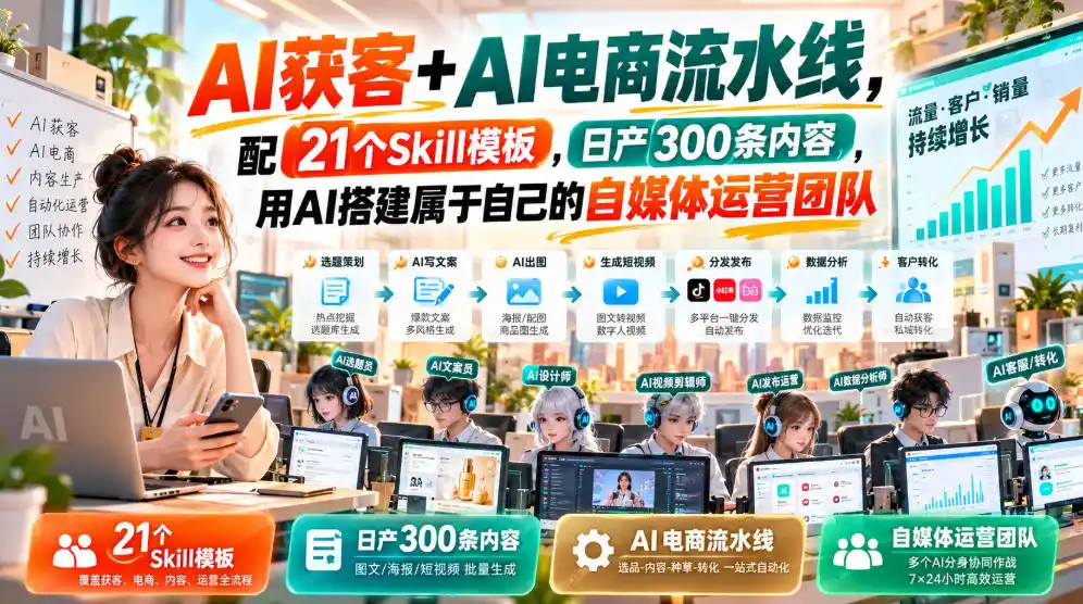 AI获客+AI电商流水线，配21个Skill模板，日产300条内容，用AI搭建属于自己的自媒体运营团队-百盟网