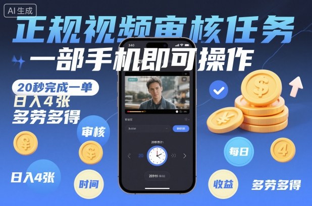 正规视频审核任务，一部手机即可操作，20秒完成一单，日入4张，多劳多得【揭秘】-百创网