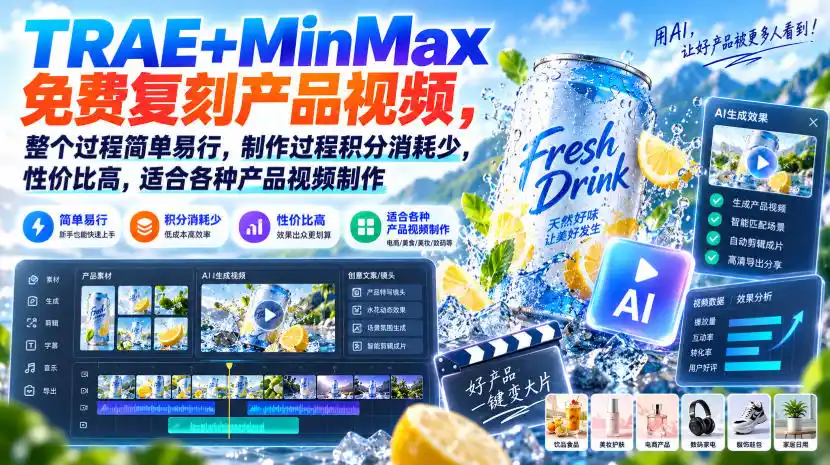 TRAE+MinMax免费复刻产品视频,整个过程简单易行,制作过程积分消耗少,性价比高,适合各种产品视频制作-百盟网