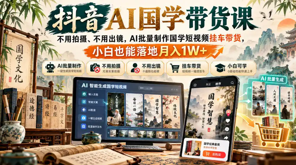 抖音AI国学带货课,不用拍摄、不用出镜,AI批量制作国学短视频挂车带货,小白也能落地月入1W+ 抖音AI国学带货课,不用拍摄、不用出镜,AI批量制作国学短视频挂车带货,小白也能落地月入1W+