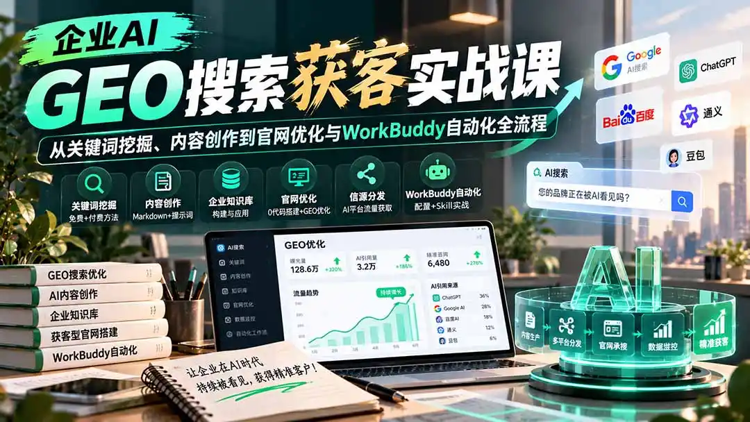 企业AI GEO搜索获客实战课：从关键词挖掘、内容创作到官网优化与WorkBuddy自动化全流程-百盟网