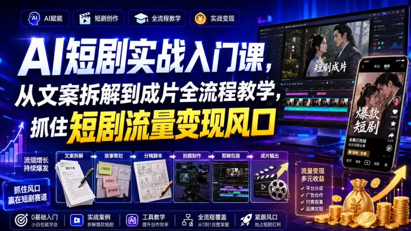 AI短剧实战入门课，从文案拆解到成片全流程教学，抓住短剧流量变现风口-百盟网