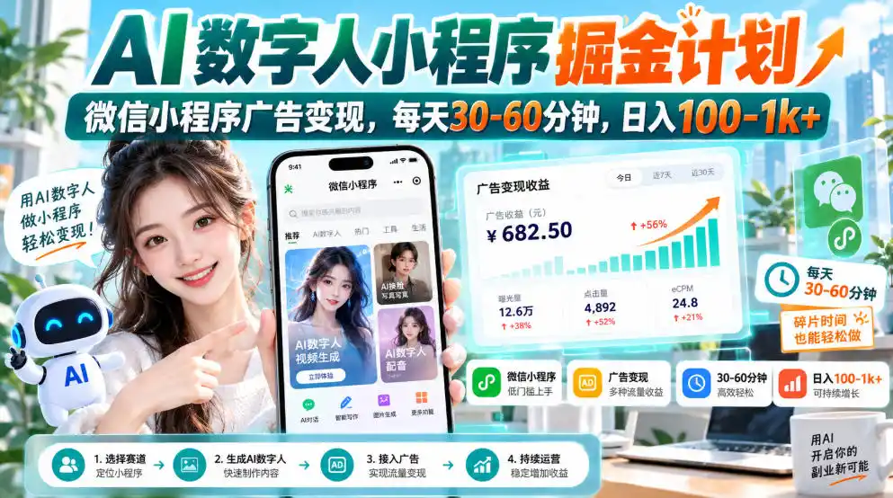 【无水印】AI数字人小程序掘金计划，微信小程序广告变现，每天30‑60分钟，日入100‑1k+-百盟网