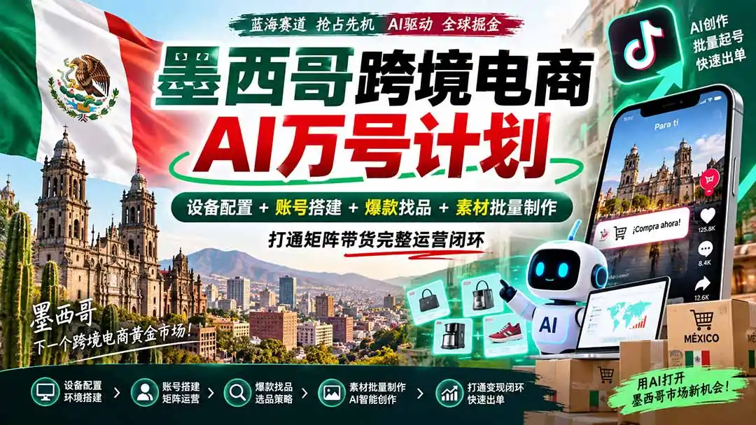 墨西哥AI跨境电商万号计划|设备配置+账号搭建+爆款找品+素材批量制作,打通矩阵带货完整运营闭环-百盟网