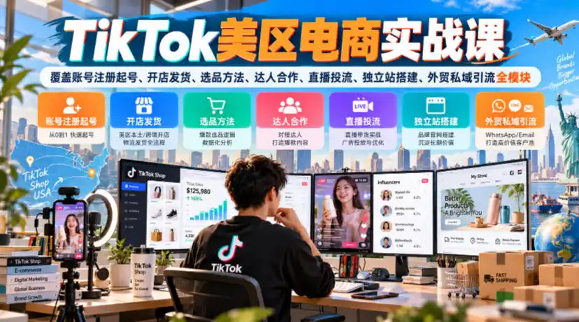 TikTok美区电商实战课,覆盖账号注册起号、开店发货、选品方法、达人合作、直播投流、独立站搭建、外贸私域引流全模块 TikTok美区电商实战课,覆盖账号注册起号、开店发货、选品方法、达人合作、直播投流、独立站搭建、外贸私域引流全模块