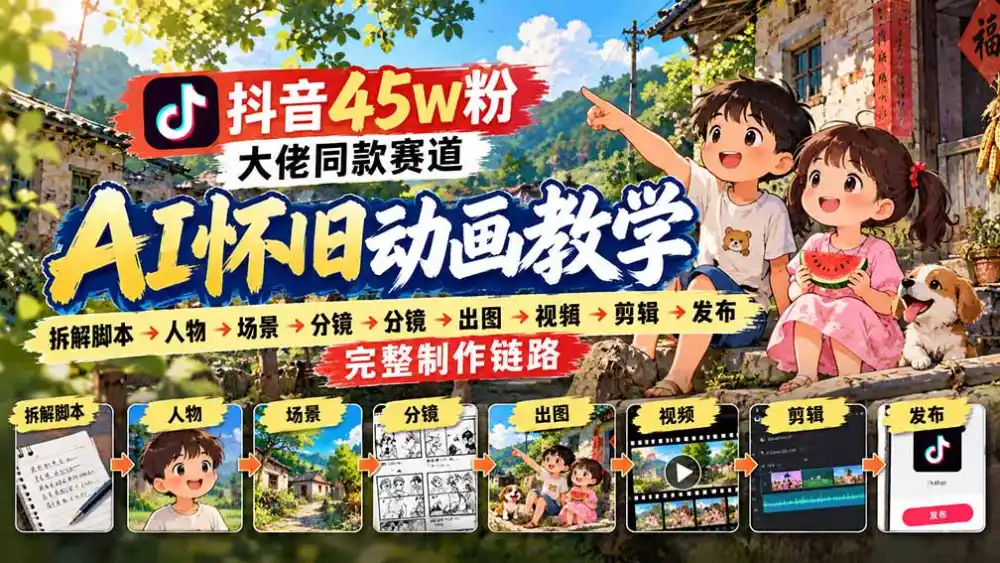 抖音45W粉大佬同款赛道AI怀旧动画教学:拆解脚本→人物→场景→分镜→出图→视频→剪辑→发布完整制作链路 抖音45W粉大佬同款赛道AI怀旧动画教学:拆解脚本→人物→场景→分镜→出图→视频→剪辑→发布完整制作链路