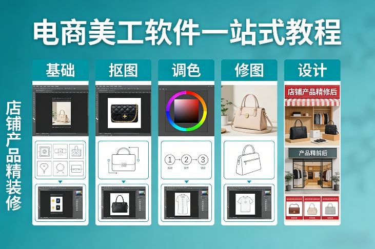 电商美工软件一站式教程，基础/抠图/调色/修图/设计，店铺产品精装修-百盟网
