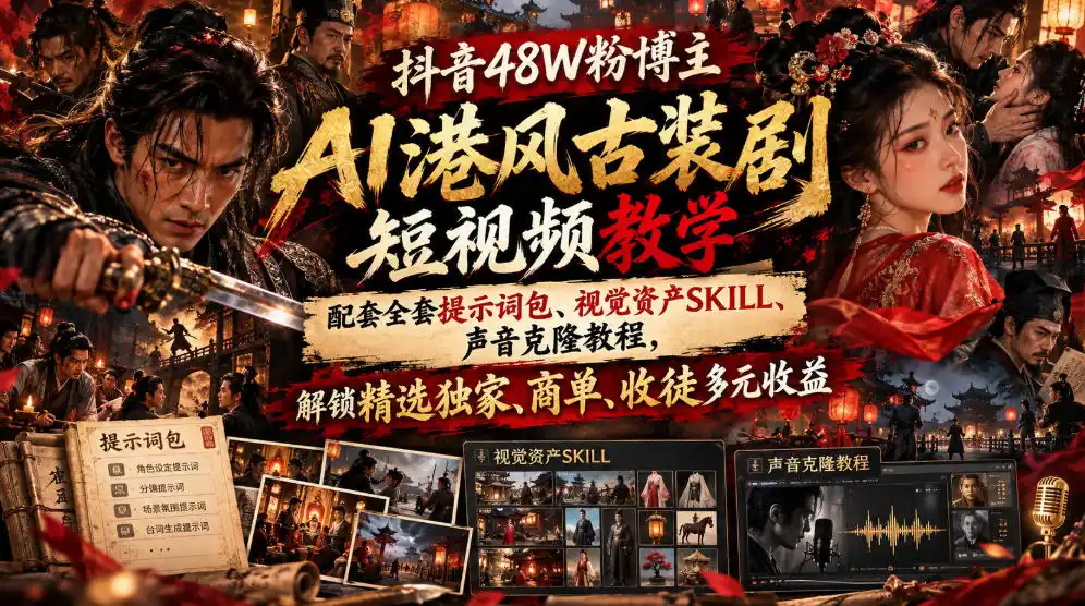 抖音48W粉博主AI港风古装剧短视频教学，配套全套提示词包、视觉资产SKILL、声音克隆教程，解锁精选独家、商单、收徒多元收益-百盟网