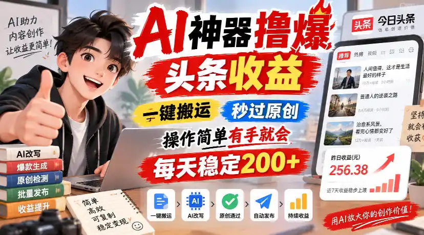 AI神器撸爆头条收益,一键搬运,秒过原创,操作简单有手就会,每天稳定200+【揭秘】-百盟网