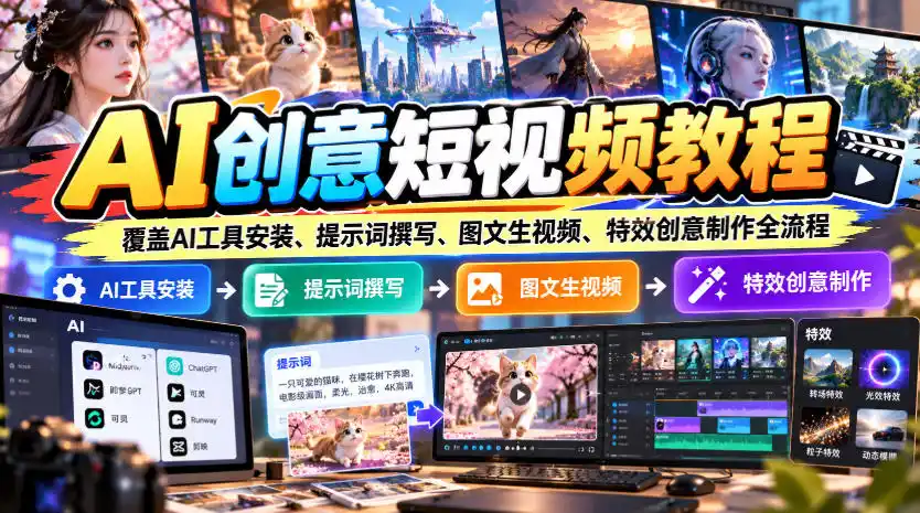 AI创意短视频教程，覆盖AI工具安装、提示词撰写、图文生视频、特效创意制作全流程-百盟网