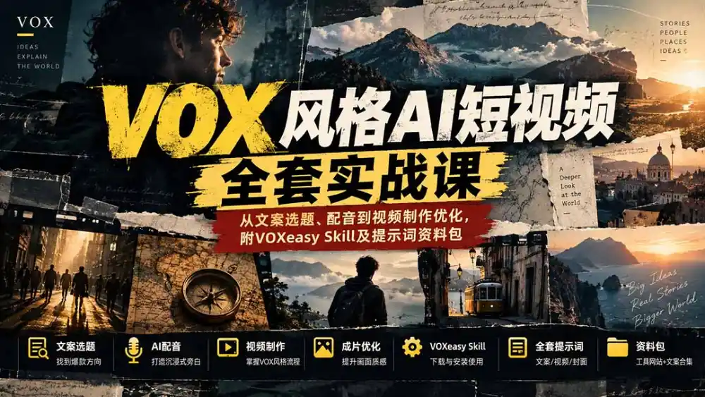【无水印】VOX风格AI短视频全套实战课：从文案选题、配音到视频制作优化，附VOXeasy Skill及提示词资料包-百盟网